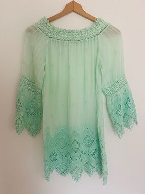 Temptation Positano Britannia Mint Green Crochet Lace Tunic Dress S/M